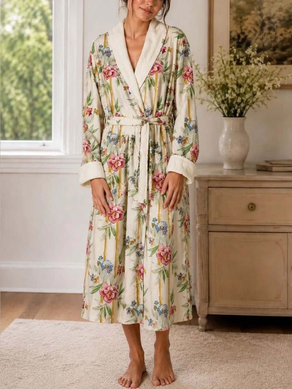 Vintage Victoria’s Secret Floral Bamboo Belted Terry Lined Robe XS/S Gold Label